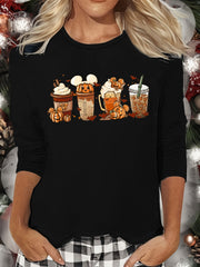 Thanksgiving Pumpkin Print Lounge Top Long Sleeve Crew Neck Women's Loungewear
