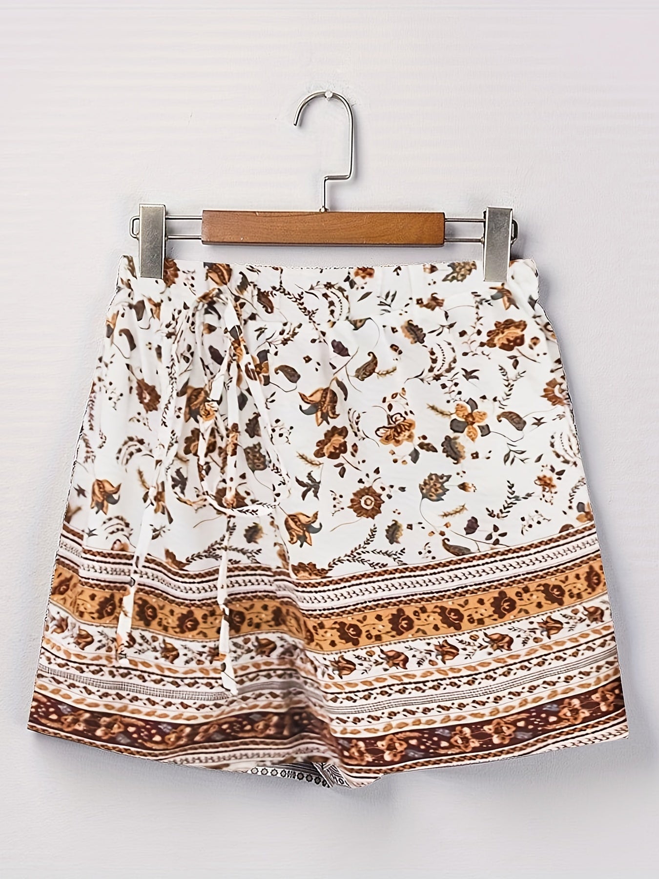  Boho Shorts Retro Floral Stripe Print With Pockets