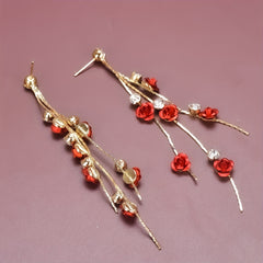 Tassel Red Rose Rhinestone Dangle Earrings