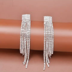 Sparkling Rhinestone Tassel Earrings Copper Silver Plated