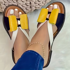 Women's Colorblock Bowknot Flat Slippers Open Toe Non-slip Slides