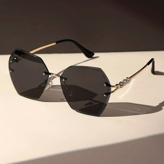 Oversized Rimless Sunglasses Ombre Lens Glasses Faux Pearl Metal Temple UV400
