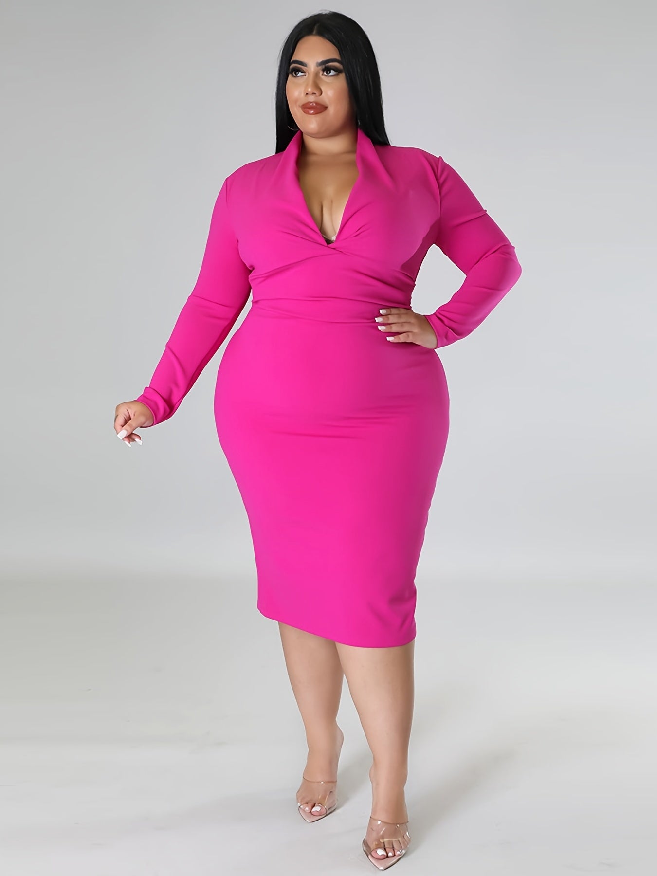  Solid Long Sleeve V Neck Slim Fit Midi Dress Women's Plus