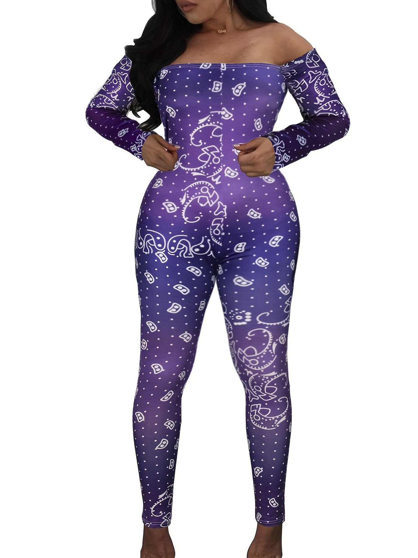 Graphic Print Off Shoulder Jumpsuit Slim Fit Casual Jumpsuit