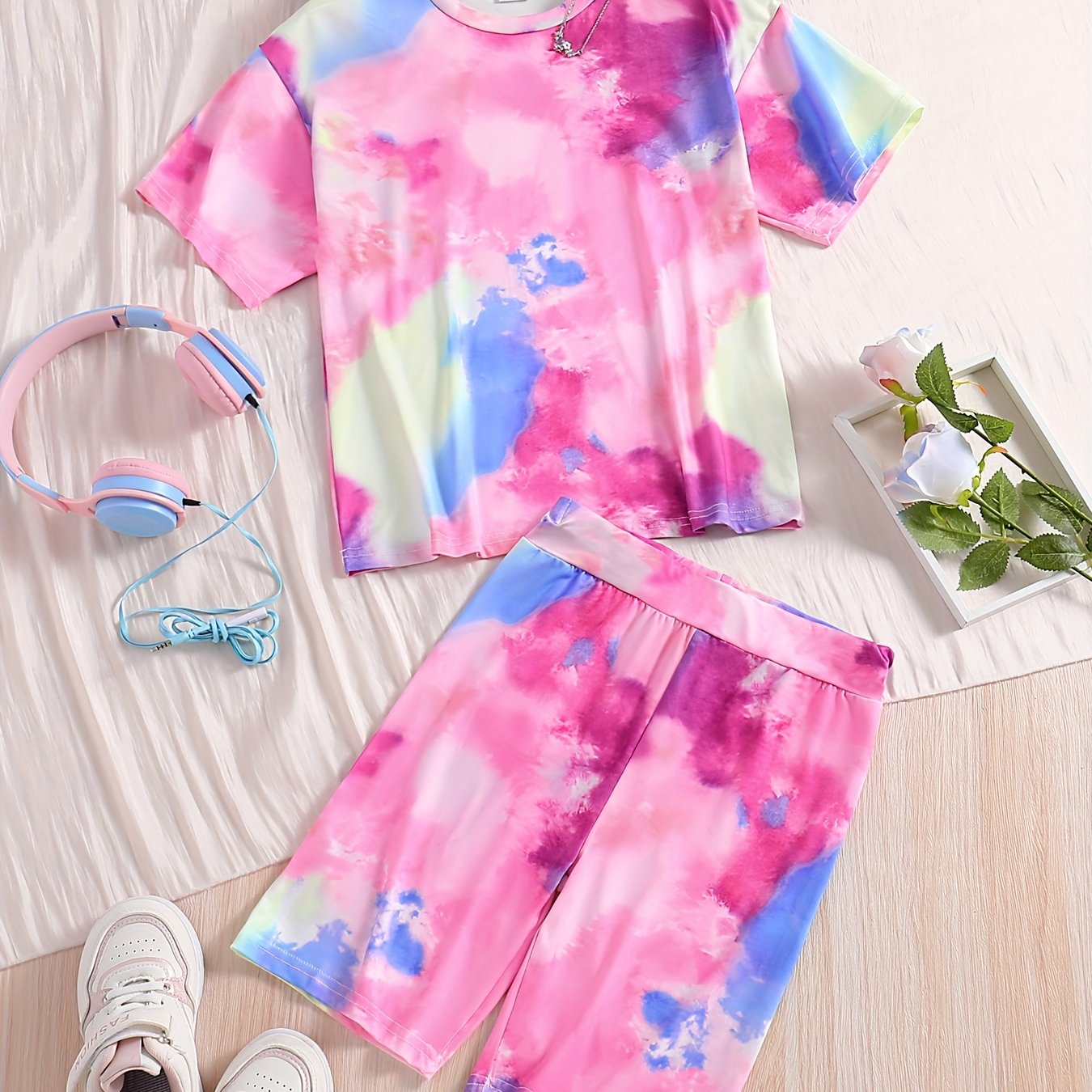 Girls' Tie Dye Short Sleeve T Shirt & Biker Shorts Set Sports Casual Yoga