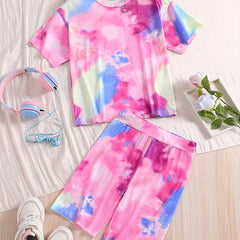 Girls' Tie Dye Short Sleeve T Shirt & Biker Shorts Set Sports Casual Yoga