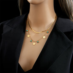 Boho Vintage Stainless Steel Double Chain Necklace with Flower Turquoise Pendant