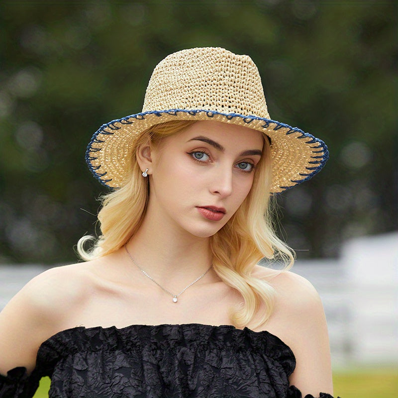 Vintage Summer Straw Hat with Crochet Brim