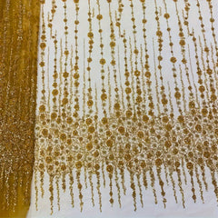 Golden African Organza Lace Fabric High French Beads Lace Sequins Tulle Lace Fab