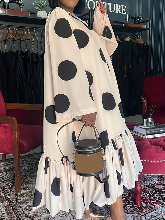  Polka Dot Print Long Sleeve Smock Dress
