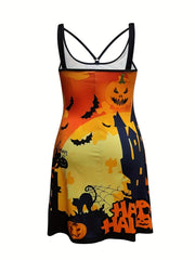  Women's Halloween Tank Dress with Pumpkin & Bat Print
