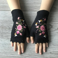 Women's Flower Knit Fingerless Gloves