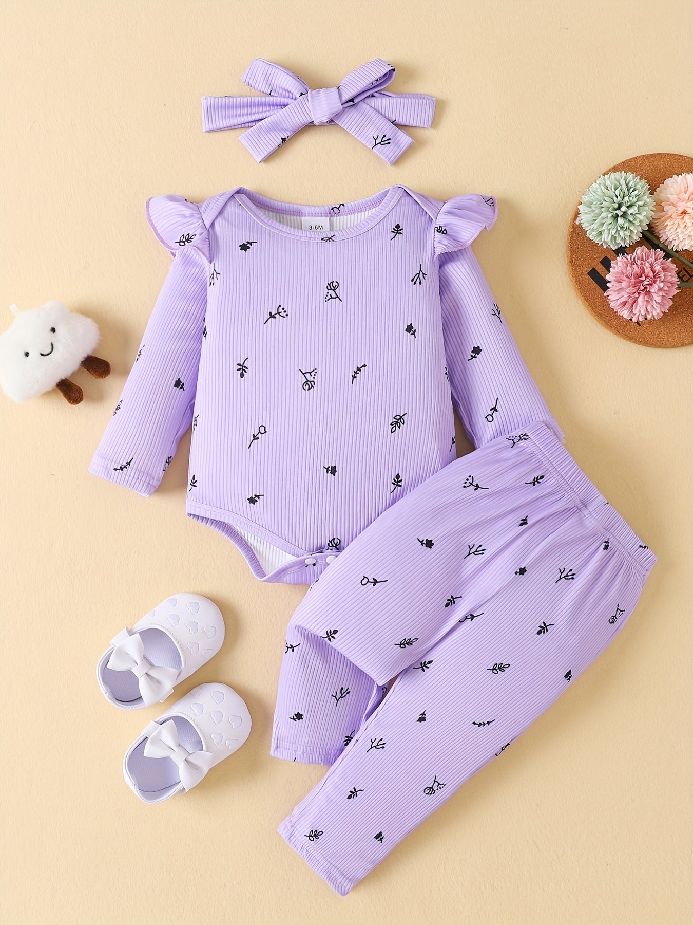 3PCS Baby Girls Plants Print Ruffle Trim Bodysuit & Pants Set