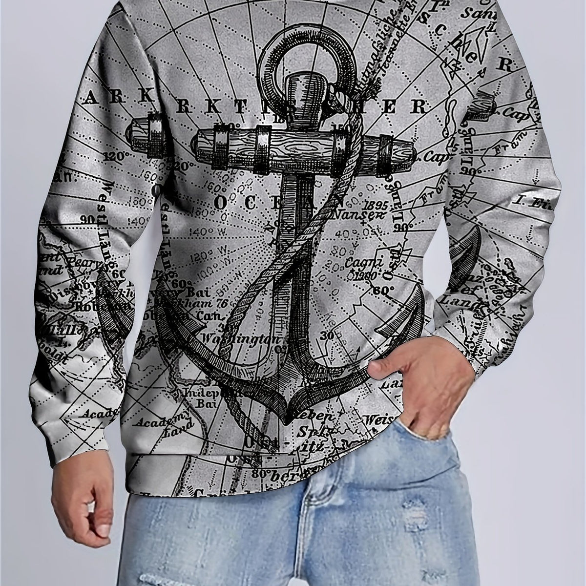 Retro Sailing Print Sweatshirt Men's Casual Graphic Pullover Sweatshirt