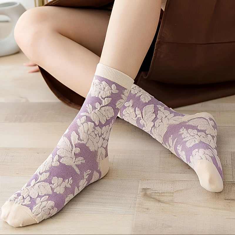 Retro Style Floral Print Socks for Women - Pack of 10