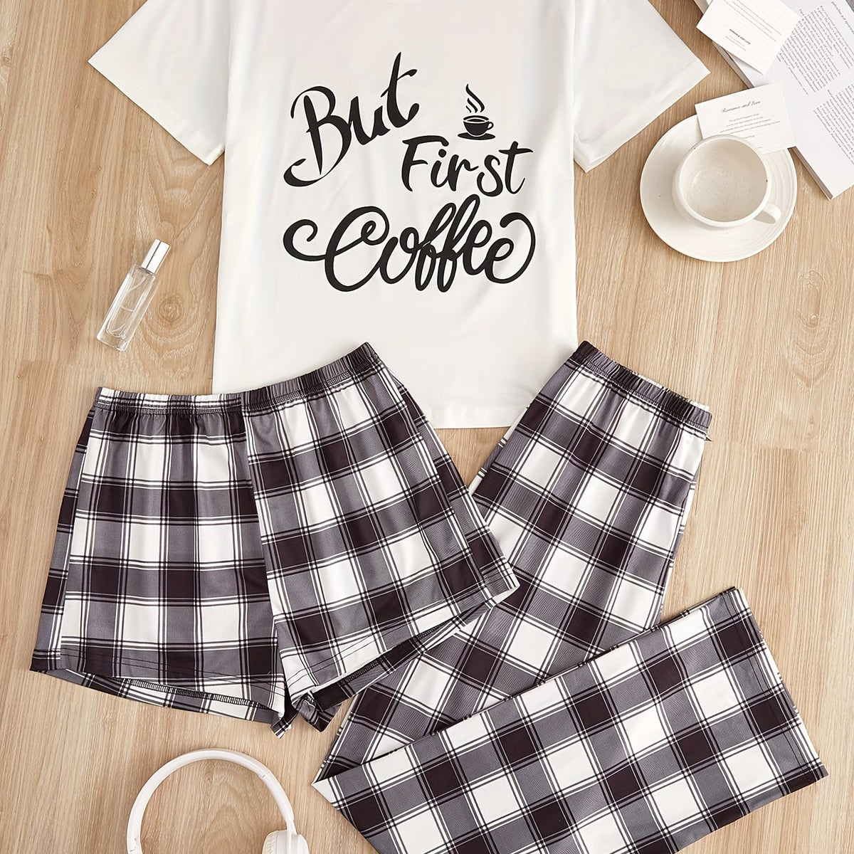 Letter Print Pajamas Set Short Sleeve Crew Neck Top & Shorts & Plaid Pants