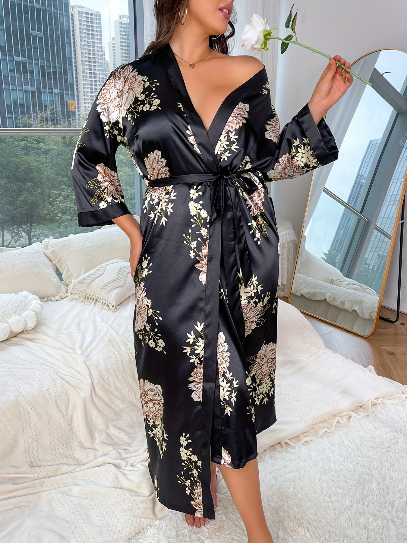  Satin Floral Print Kimono Bath Robe