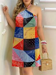  Colorblock Paisley Print Halter Neck Dress