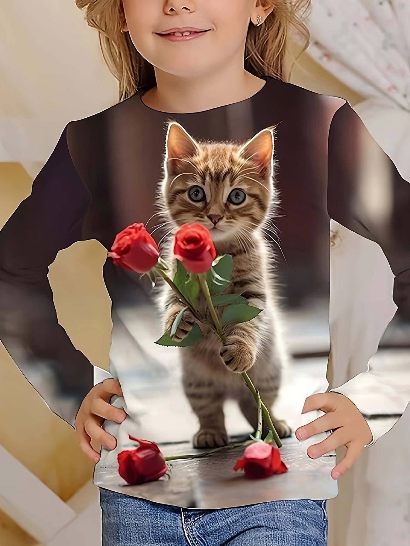Cartoon Kitty & Rose Flower Long Sleeve T shirt Girls Spring Fall