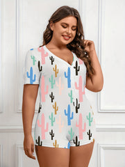  Cactus Print Loungewear Romper Short Sleeve V Neck Button Up