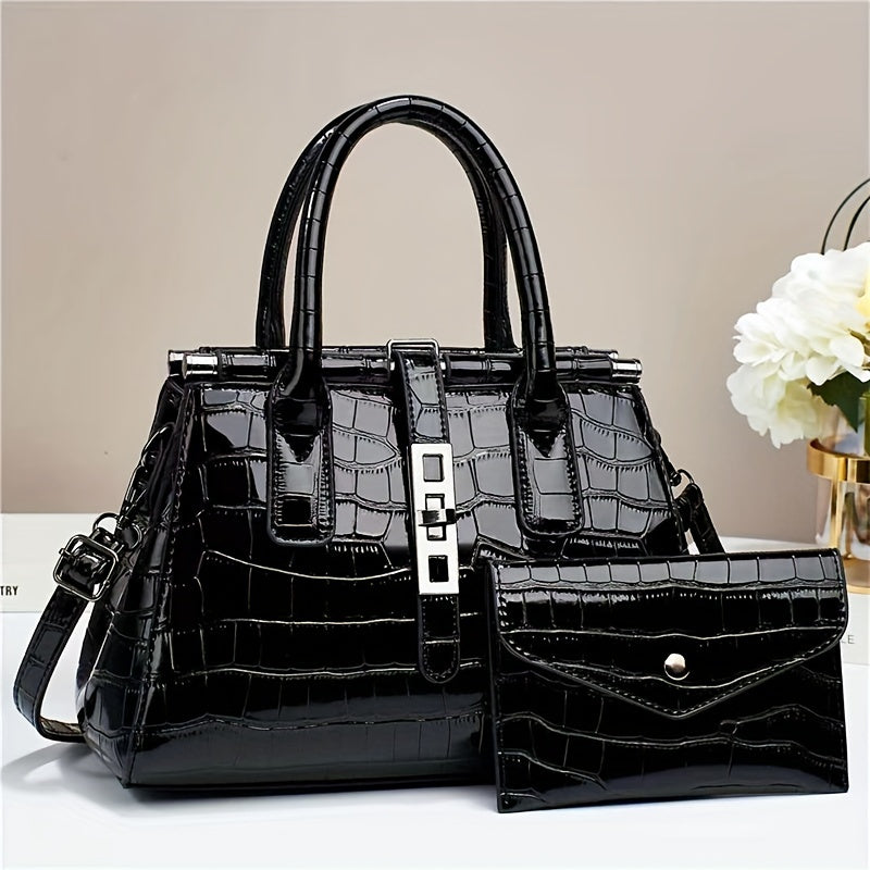 Crocodile Print Satchel Top Handle Tote Bag & Clutch Purse Set