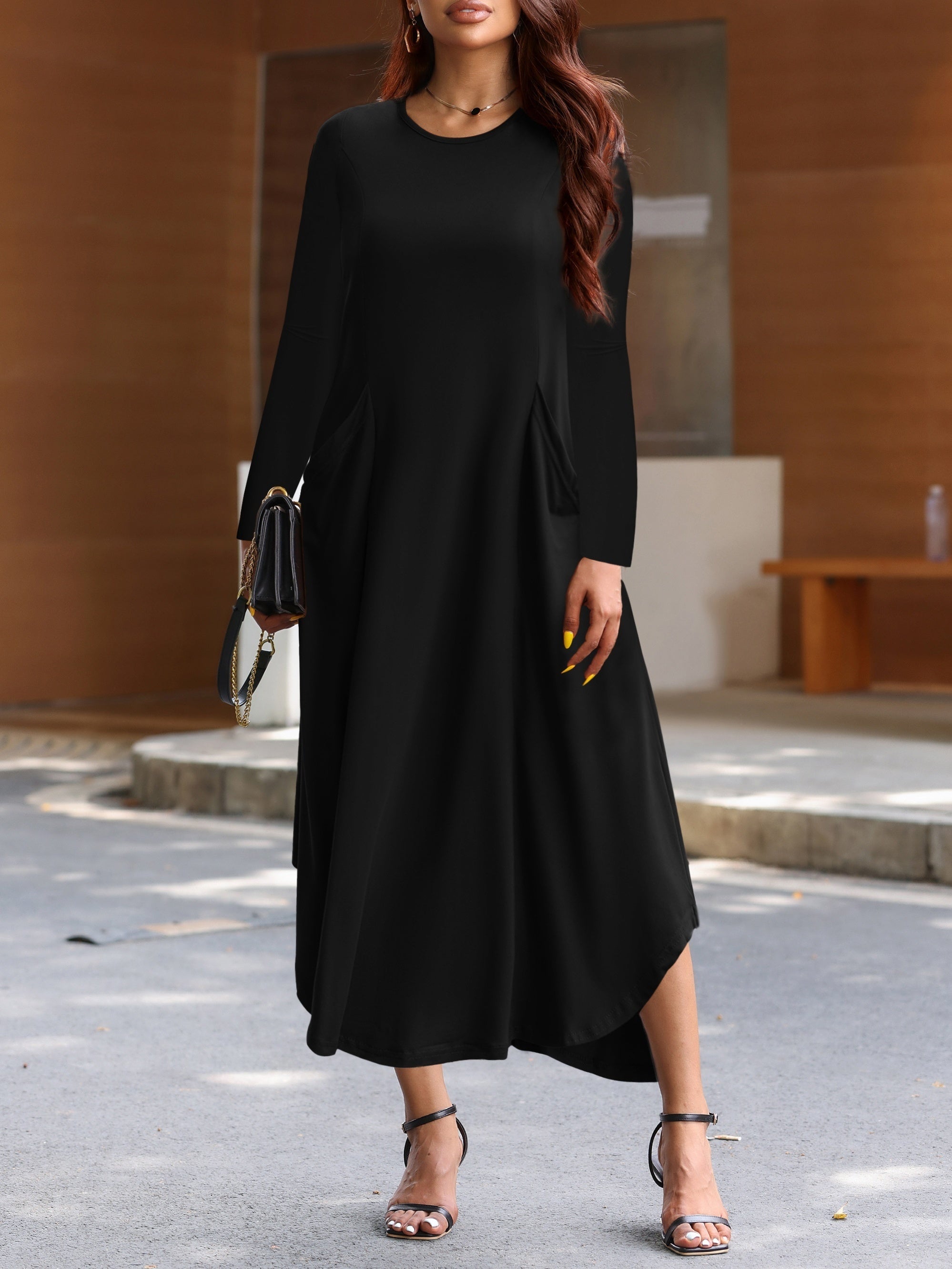  Solid Long Sleeve Casual Dress with Pockets