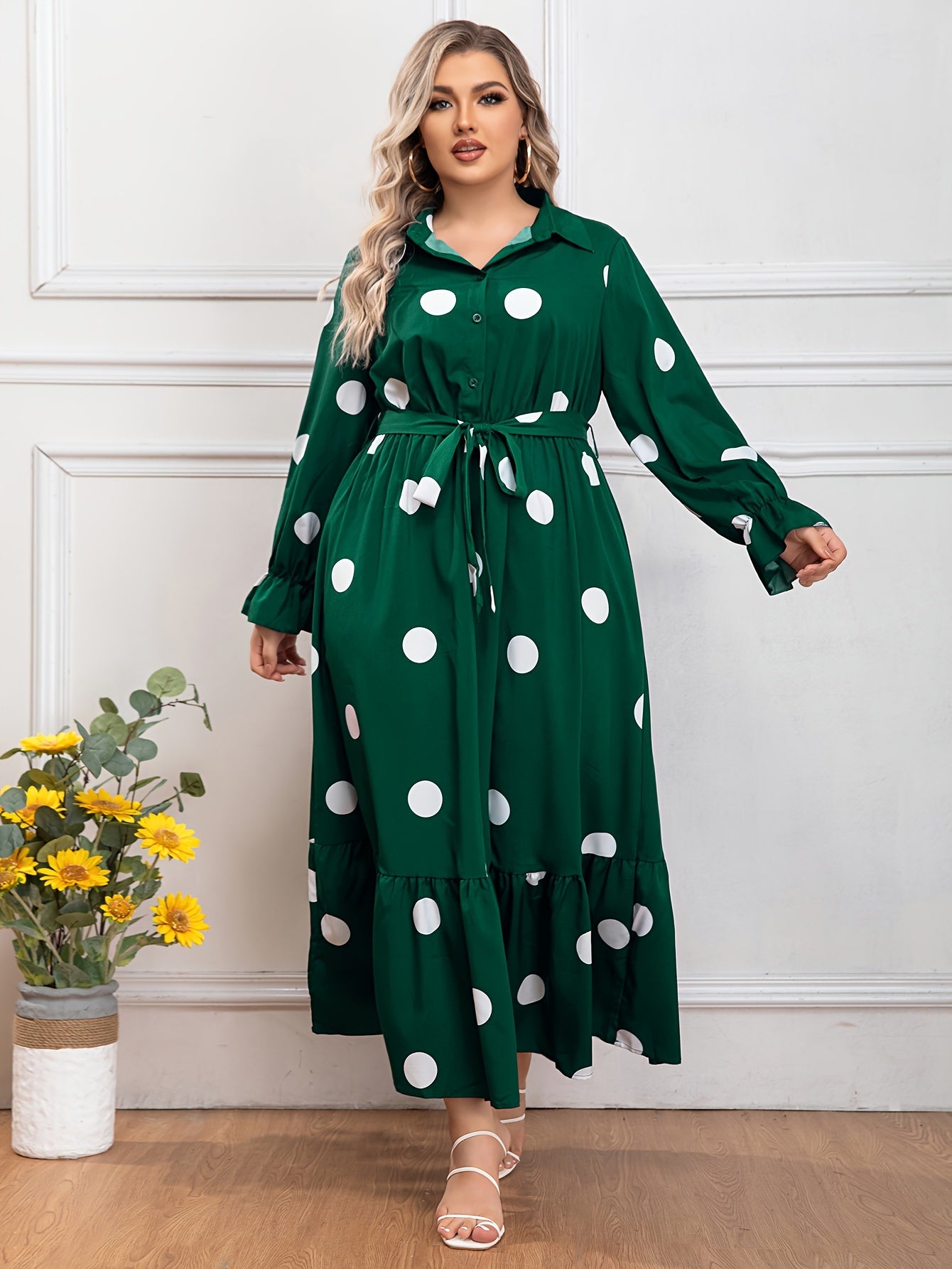  Dot Print Long Sleeve Maxi Shirt Dress