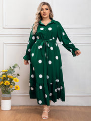  Dot Print Long Sleeve Maxi Shirt Dress