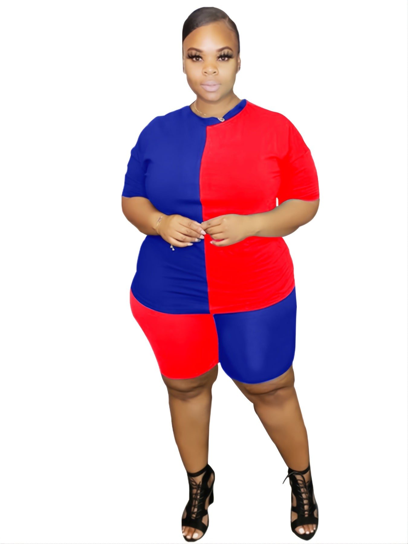  Colorblock Tee & High Waist Shorts Set Women's Co ords Two Pieces