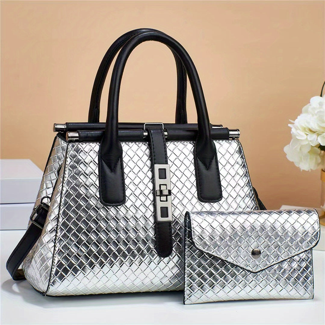 Metallic Woven Tote Bag Set with Clutch Purse for Women