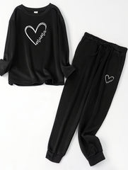  Heart Print Fleece Lounge Set Pajama