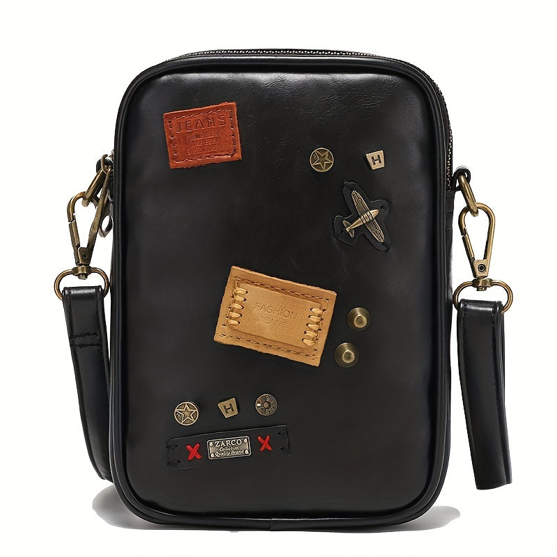 Men's Rivet Decor Leather Crossbody Bag Multifunctional Shoulder Bag
