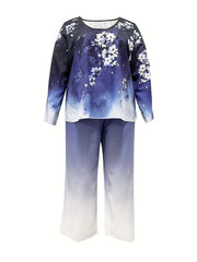  Ombre & Floral Print Long Sleeve Top & Pants Set