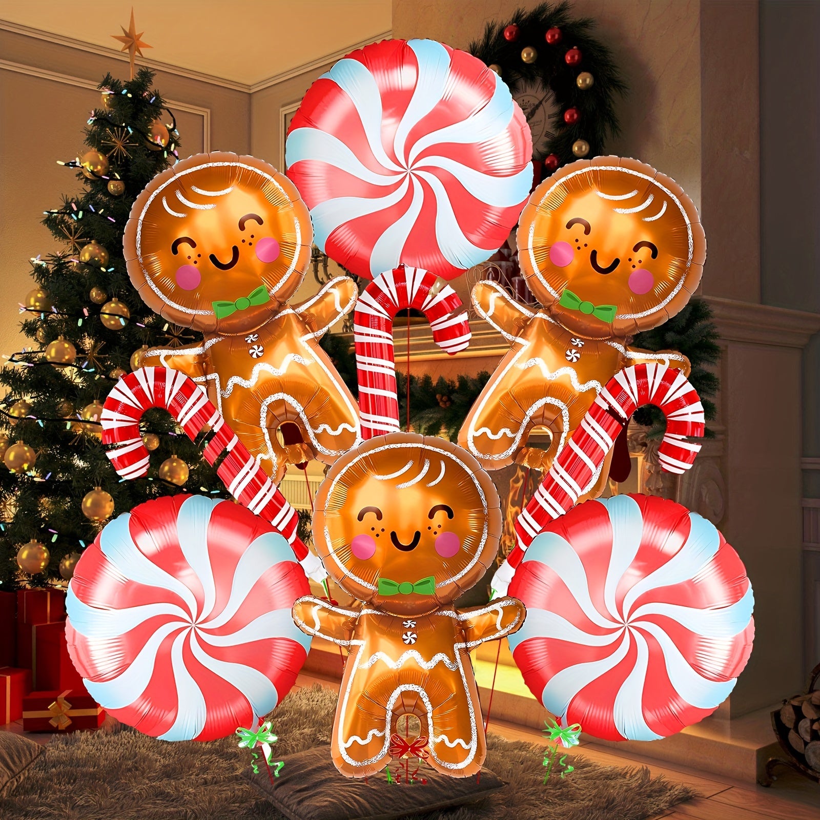 Red Gingerbread Person Crutches Round Sugar Balls Balloons Christmas Decorations