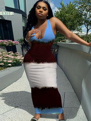  Colorblock Notched Neck Maxi Tank Dress