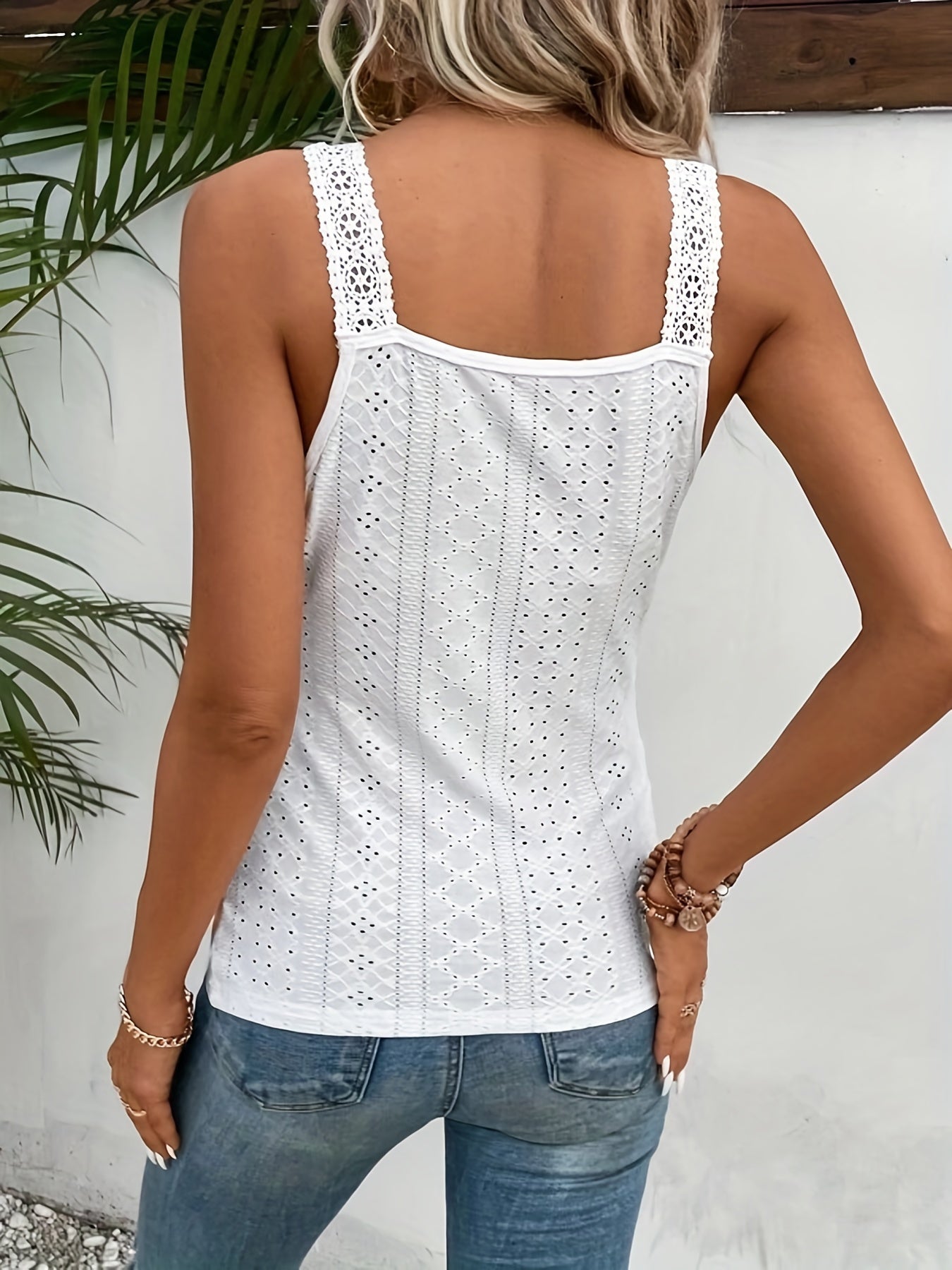 Eyelet Surplice Neck Tank Top Sleeveless Top Women's Clothing