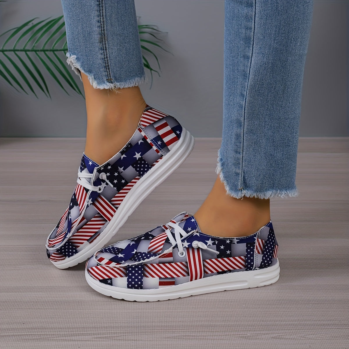Women's Star & Striped Canvas Shoes Lace Up Flat Loafers