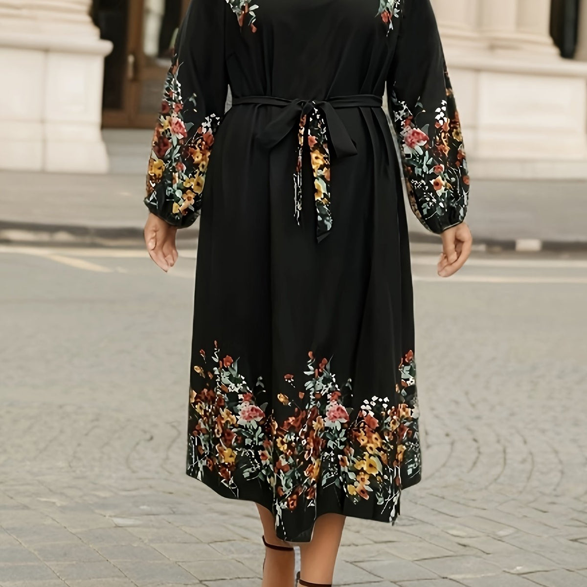 Floral Print Long Sleeve Maxi Dress