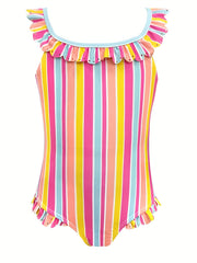 Toddler Rainbow Striped Ruffle One Piece Swimsuit