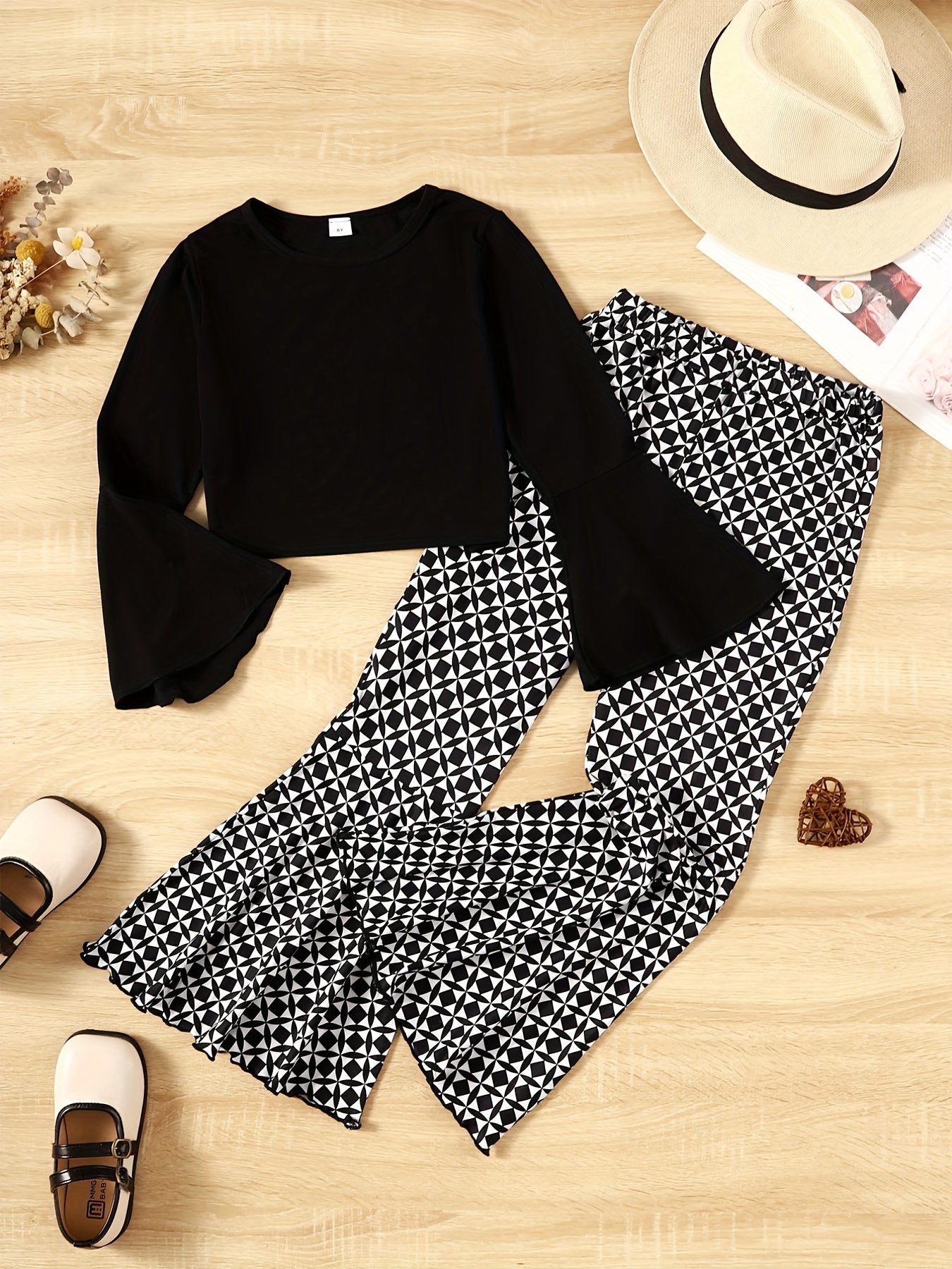 Girls 2 Pack Long Sleeve Top & Geometric Flare Pants
