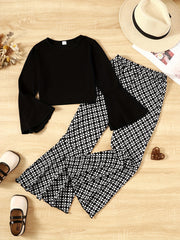Girls 2 Pack Long Sleeve Top & Geometric Flare Pants
