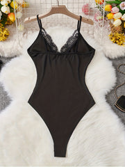 Ribbed Lace Contrast Bodysuit Sexy V Neck Sleeveless Bodysuit