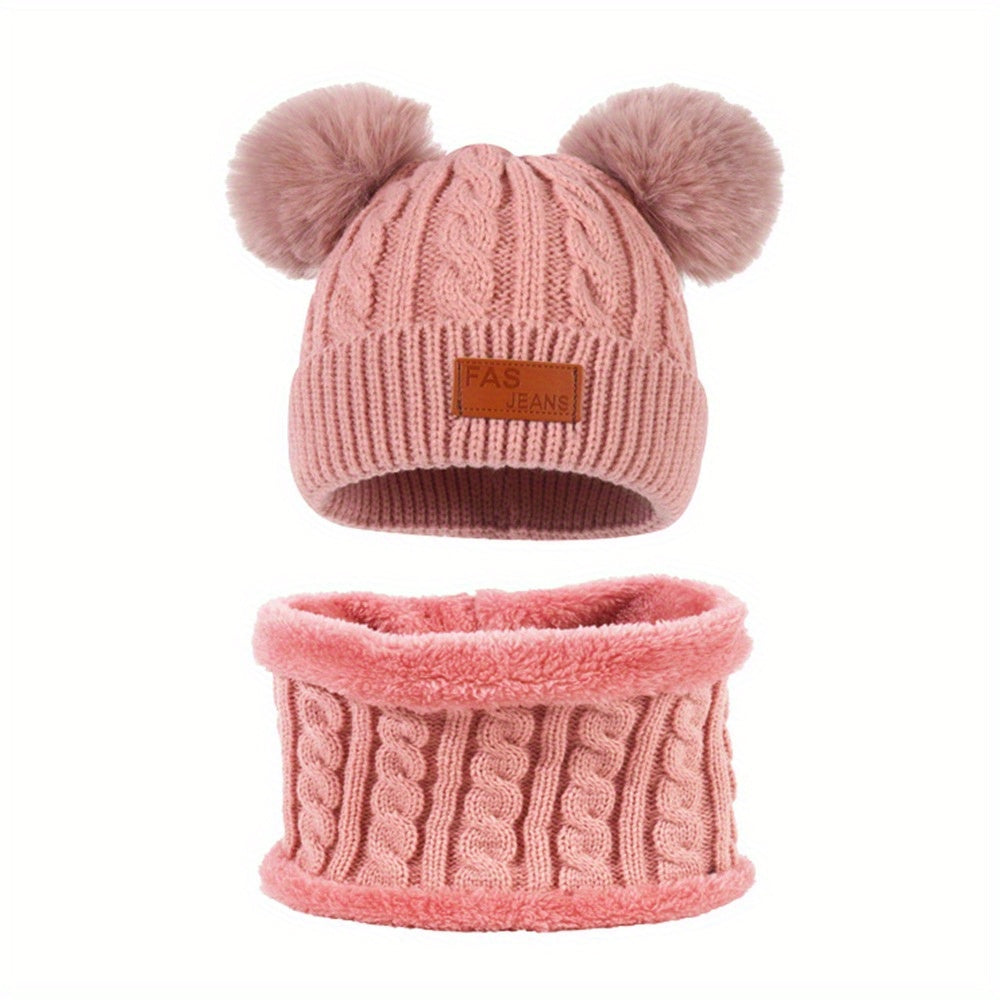Toddler Winter Pompom Knit Cap Mittens Neck Warmer Set