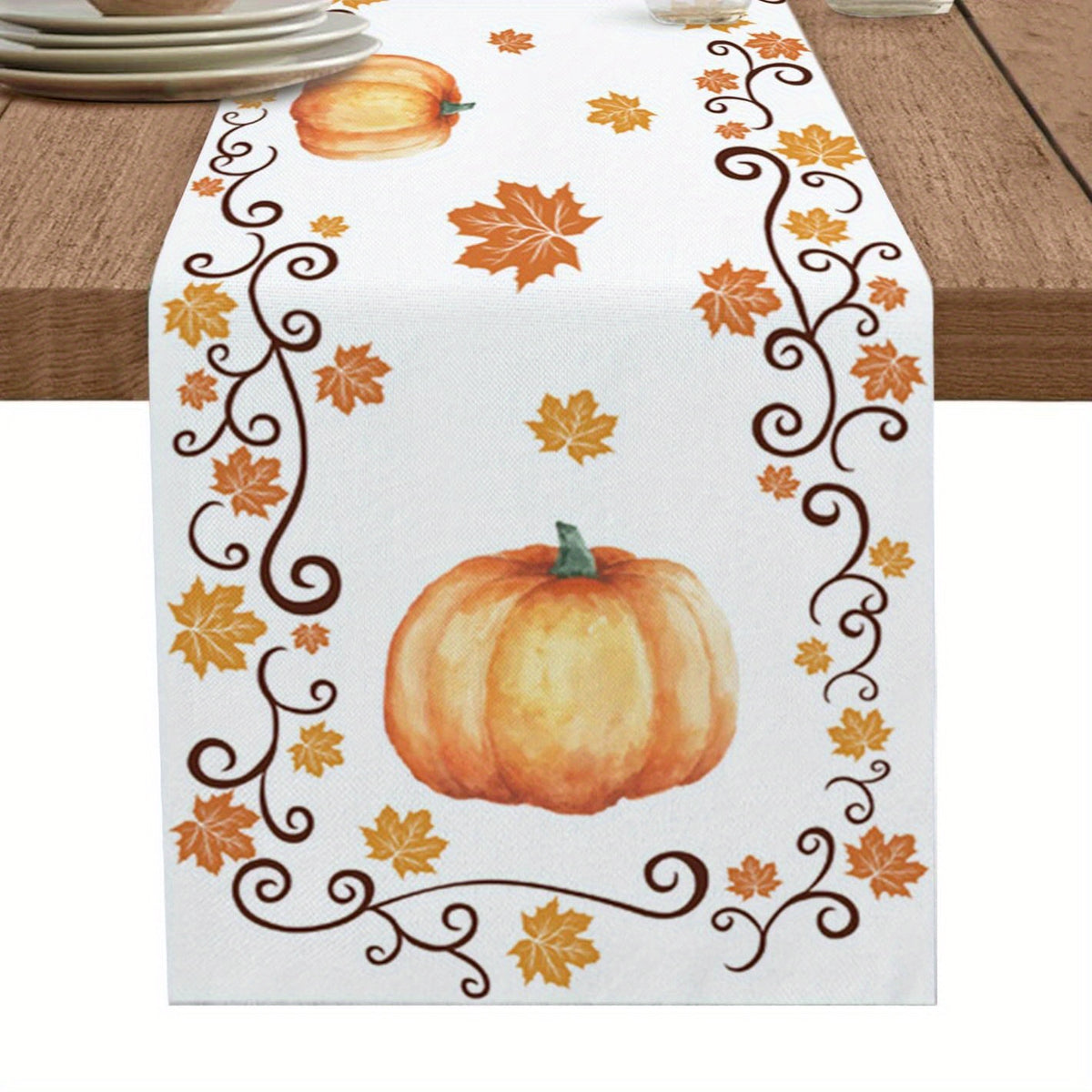 Thanksgiving Pumpkin Maple Leaves Border Table Runner