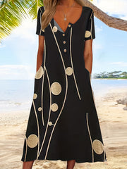  Stripe & Dots Print V Neck Dress with Pockets
