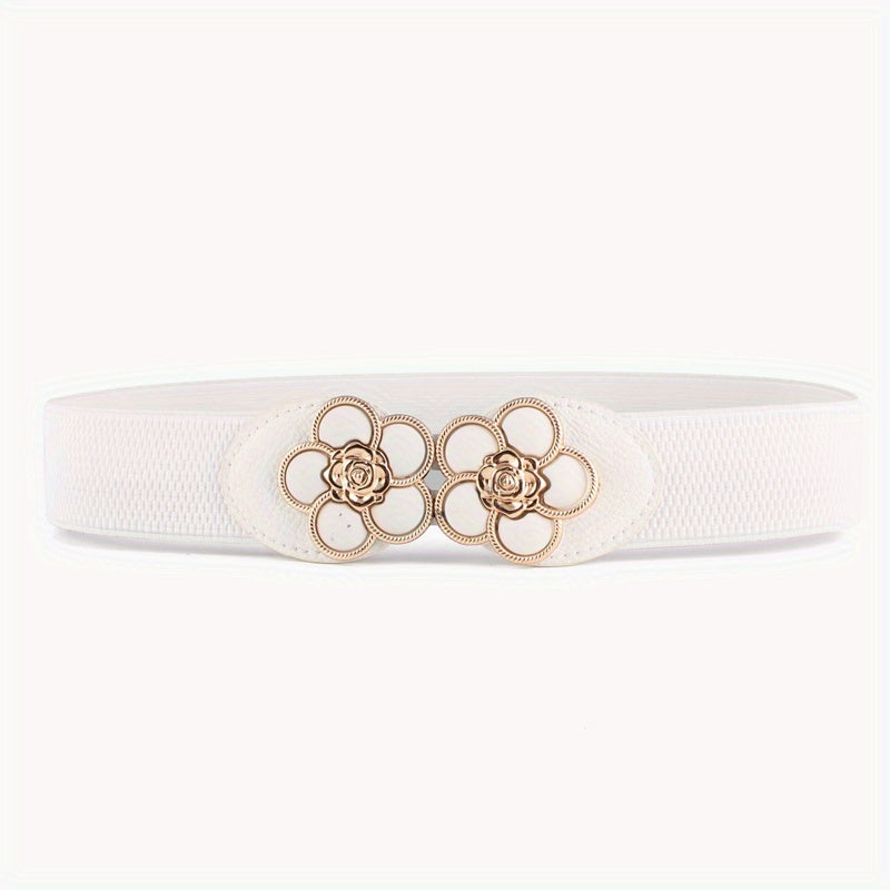 Flower Buckle Elastic Belt Women Vintage Wide Waist Seal Double Buckle