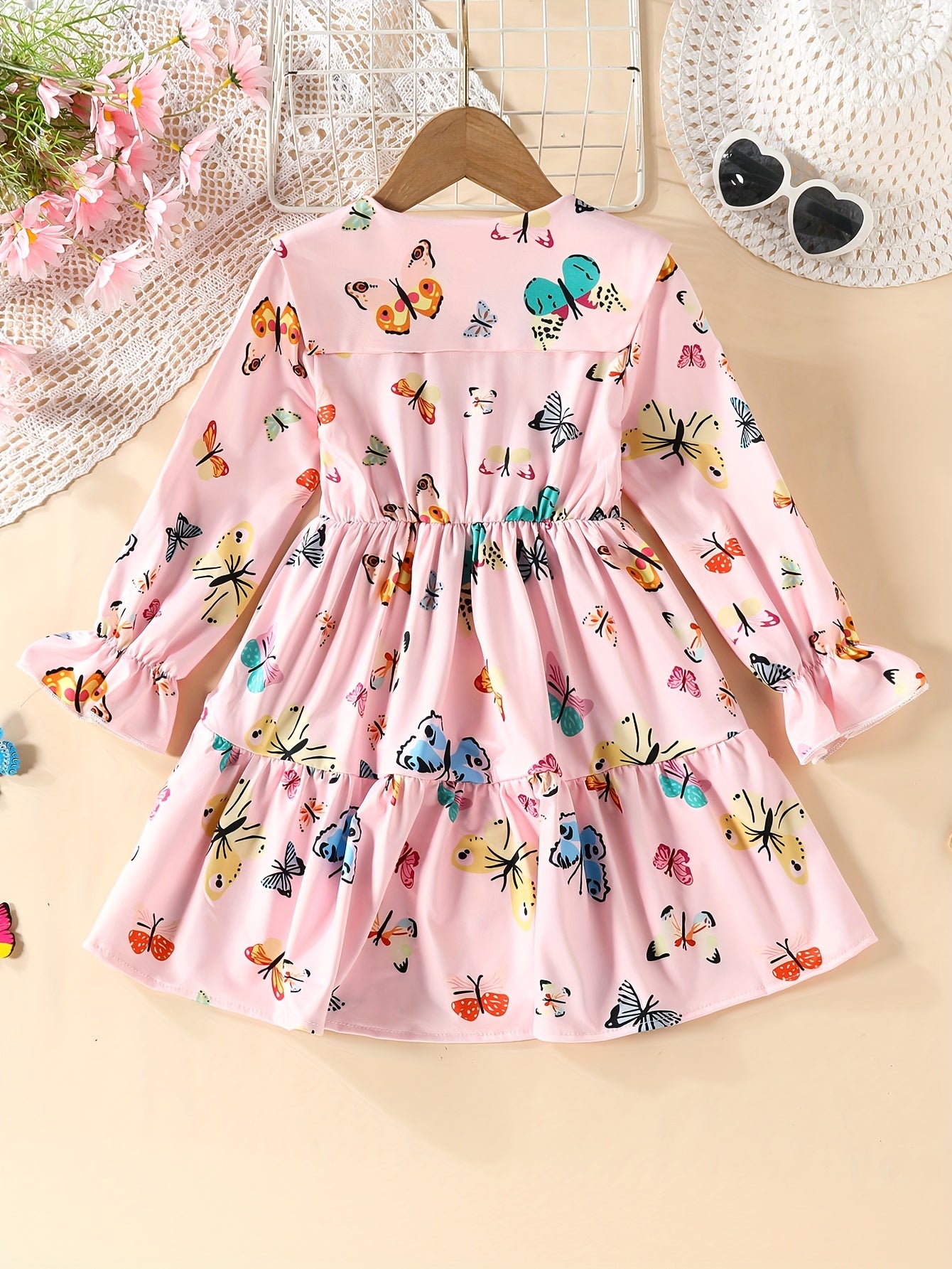 Girls Casual Butterfly Print Long Sleeve Dress
