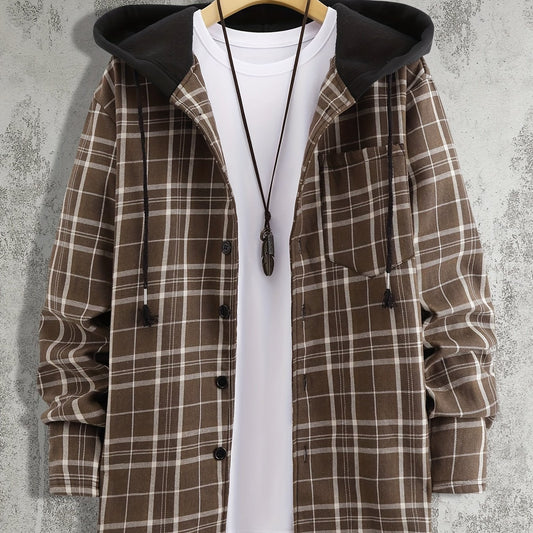 Men's Plaid Shirt Jacket Hooded Long Sleeves Coat