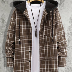 Men's Plaid Shirt Jacket Hooded Long Sleeves Coat