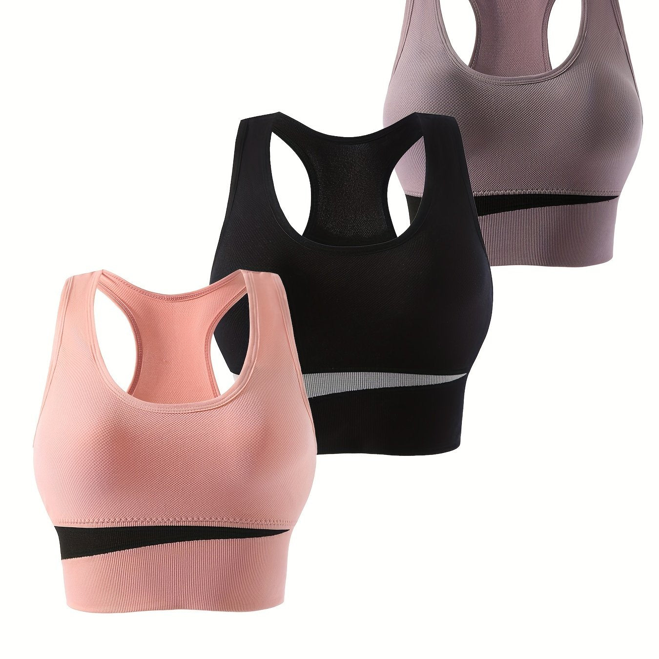 3pcs Colorblock Sports Bras Racer Back Wireless Bra
